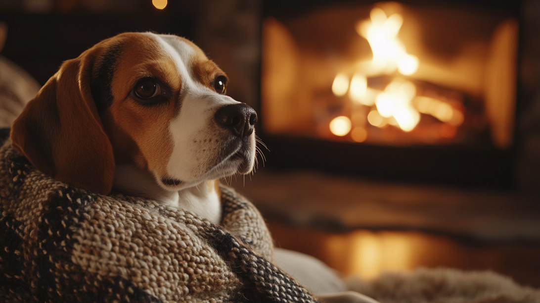 Winter dog bed with plush fabric, offering warmth and comfort to a small dog near a fireplace