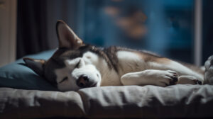 Eco-friendly modern dog bed in a bright home office, featuring sustainable materials and sleek design